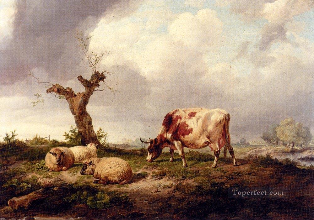 A Cow With Sheep In A Landscape farm animals cattle Thomas Sidney Cooper Oil Paintings